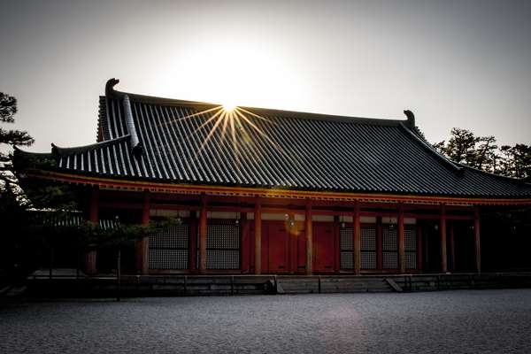 Sunset over a temple in Kyoto, Japan