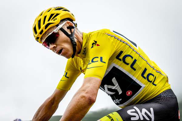 Chris Froome in the yellow jersey ascends the Col de Peyresourde - Tour de France 2017